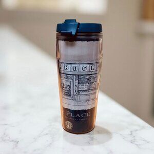 Starbucks Pike Place Seattle Sketch Tumbler 2004 Edition 16 Oz With Blue Lid Pla